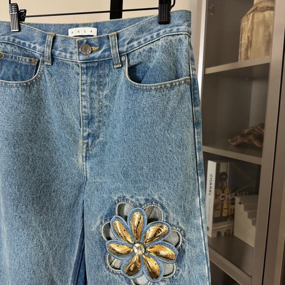 AREA Straight Leg Mussel Flower Blue Jeans 28 Cut-Out Embellished Straight Leg - Picture 4 of 7